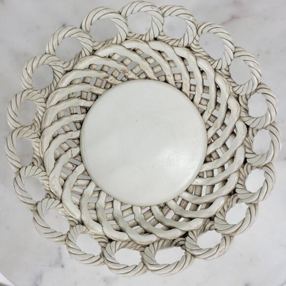 Vintage Capodimonte Pedestal Bowl 4.25" Pink Flower Woven Porcelain Basket - Picture 11 of 16